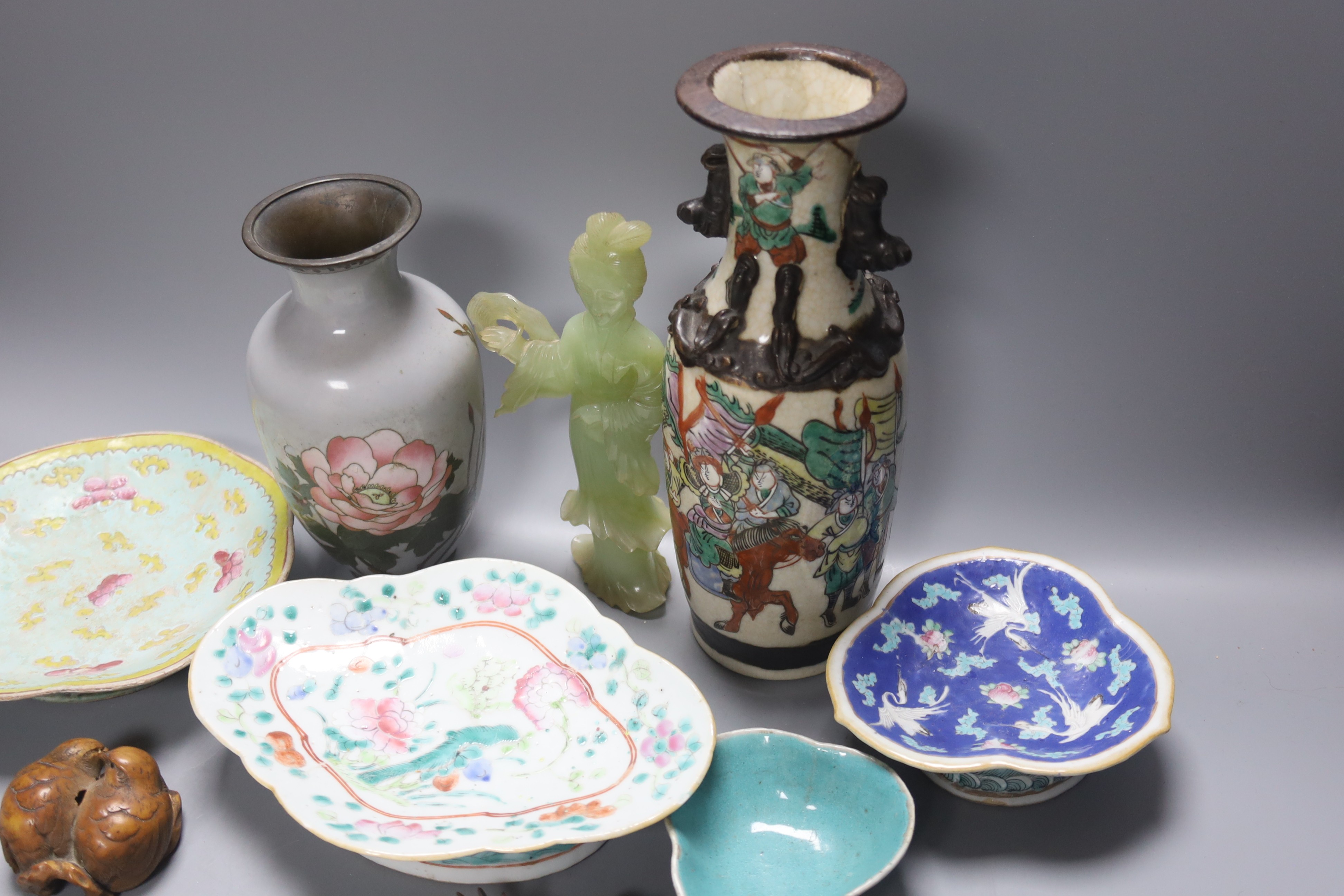 A group of 19th century Chinese porcelain dishes and a vase, and a Japanese ‘bird’ carving etc.